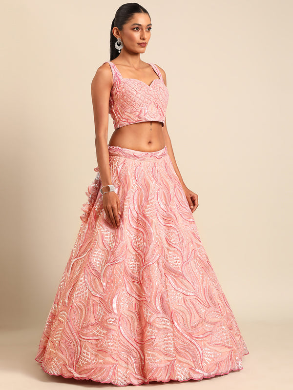 Captivating Coral Pink Net Lehenga Choli Set with Zardosi Embroidery ClothsVilla