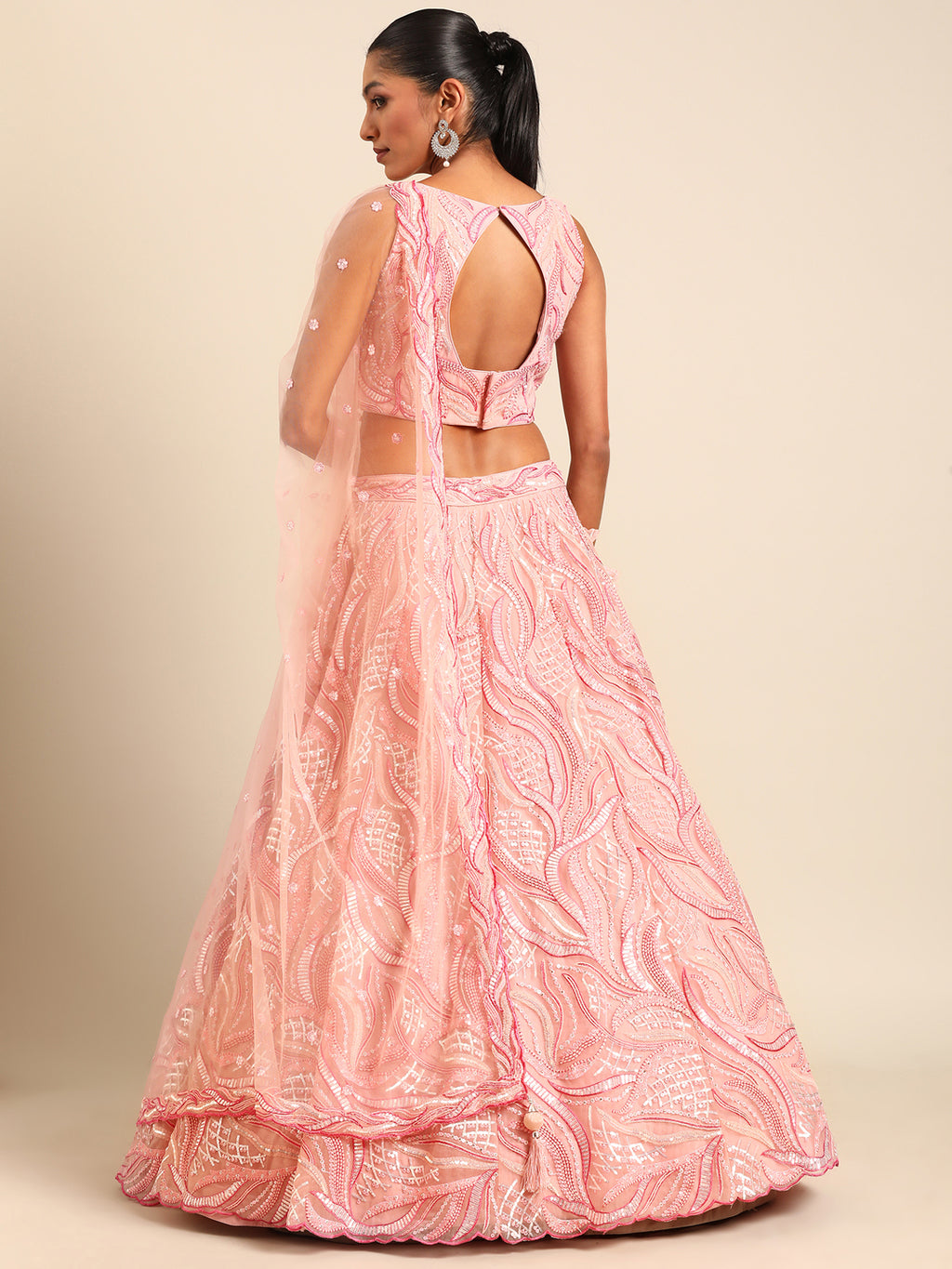 Captivating Coral Pink Net Lehenga Choli Set with Zardosi Embroidery ClothsVilla