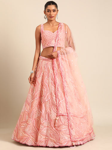 Captivating Coral Pink Net Lehenga Choli Set with Zardosi Embroidery ClothsVilla