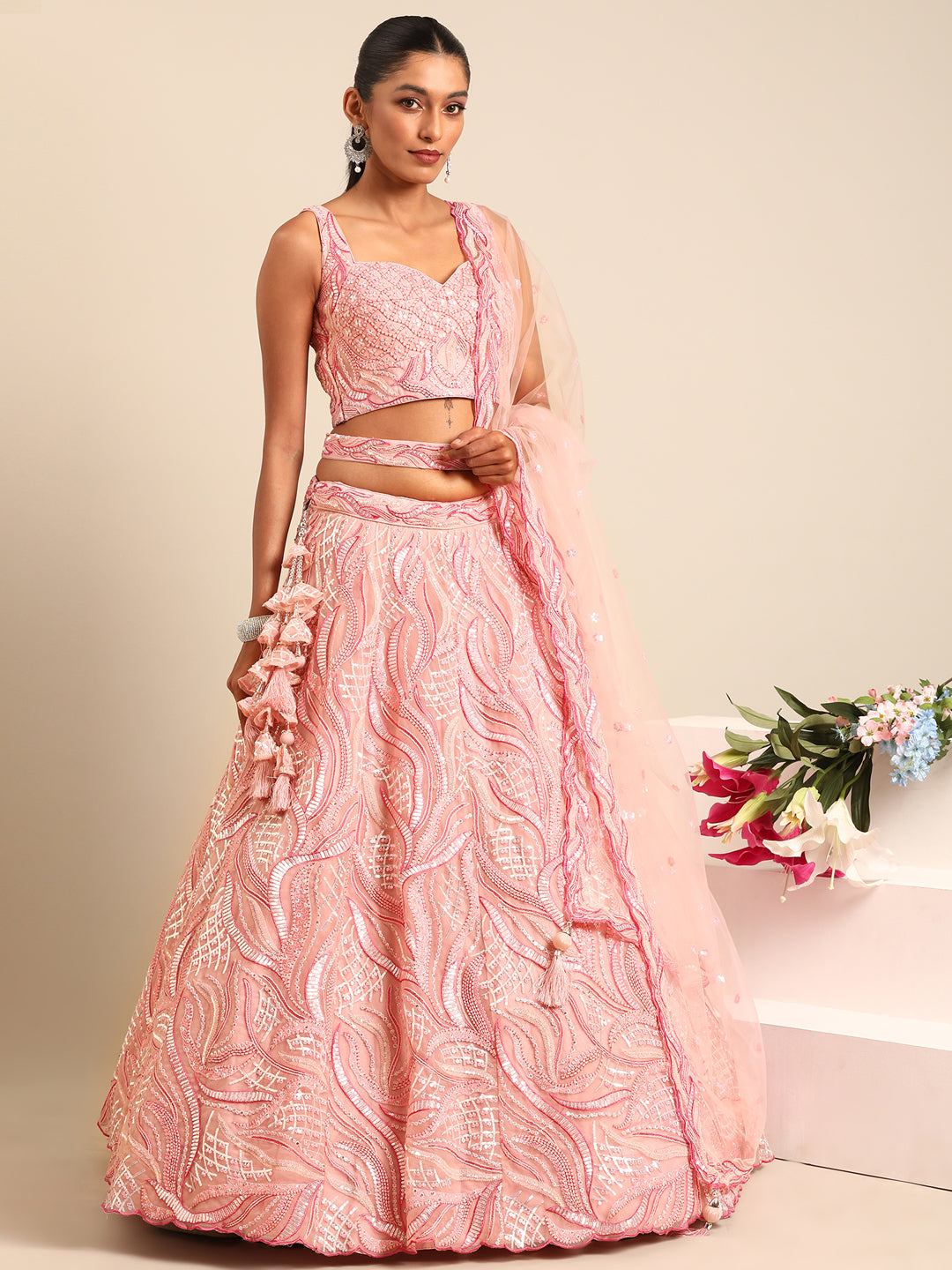 Captivating Coral Pink Net Lehenga Choli Set with Zardosi Embroidery ClothsVilla