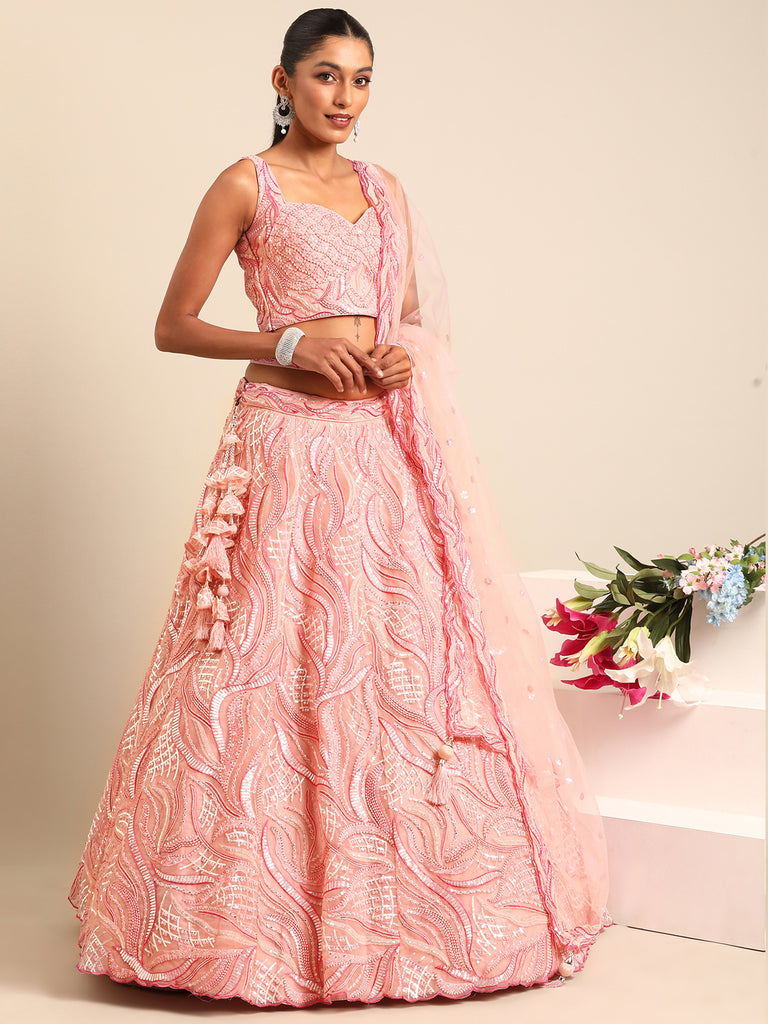 Captivating Coral Pink Net Lehenga Choli Set with Zardosi Embroidery ClothsVilla