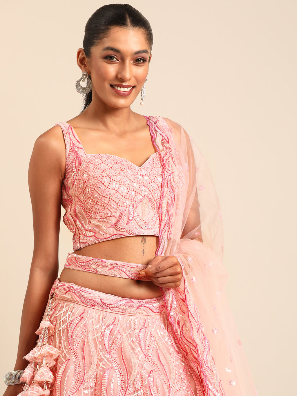 Captivating Coral Pink Net Lehenga Choli Set with Zardosi Embroidery ClothsVilla