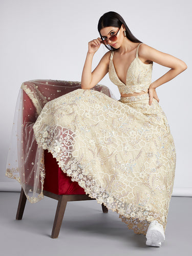 Captivating Cream Net Lehenga with Sequin & Zari Embellishments ClothsVilla