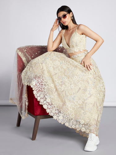 Captivating Cream Net Lehenga with Sequin & Zari Embellishments ClothsVilla