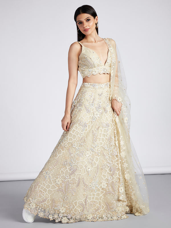 Captivating Cream Net Lehenga with Sequin & Zari Embellishments ClothsVilla