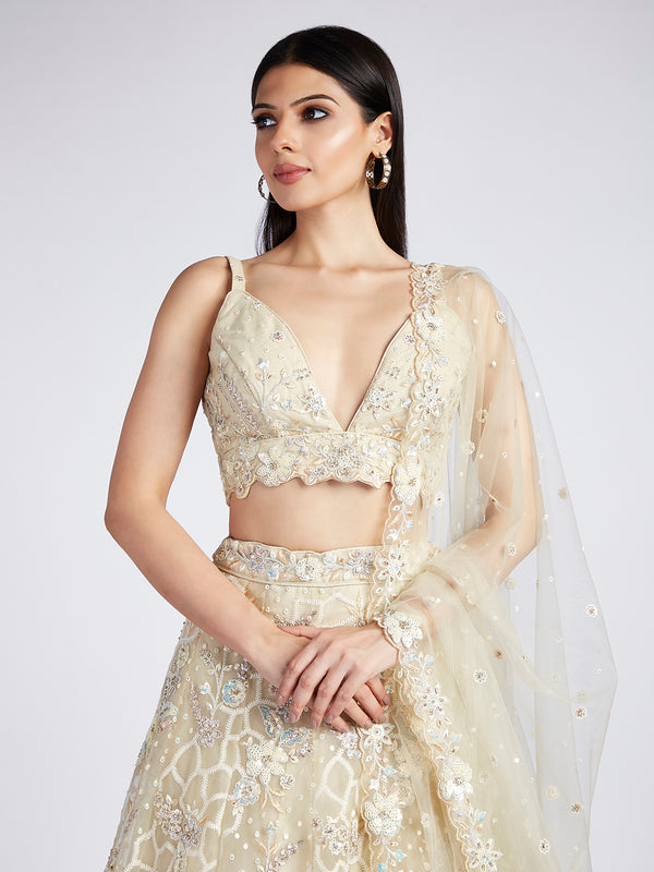 Captivating Cream Net Lehenga with Sequin & Zari Embellishments ClothsVilla