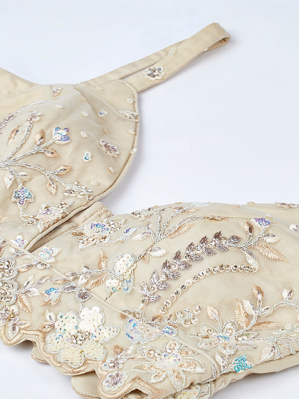 Captivating Cream Net Lehenga with Sequin & Zari Embellishments ClothsVilla