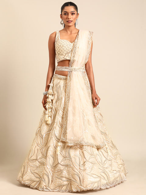 Captivating Cream Zari and Sequin Embroidered Lehenga Choli Set ClothsVilla Main image