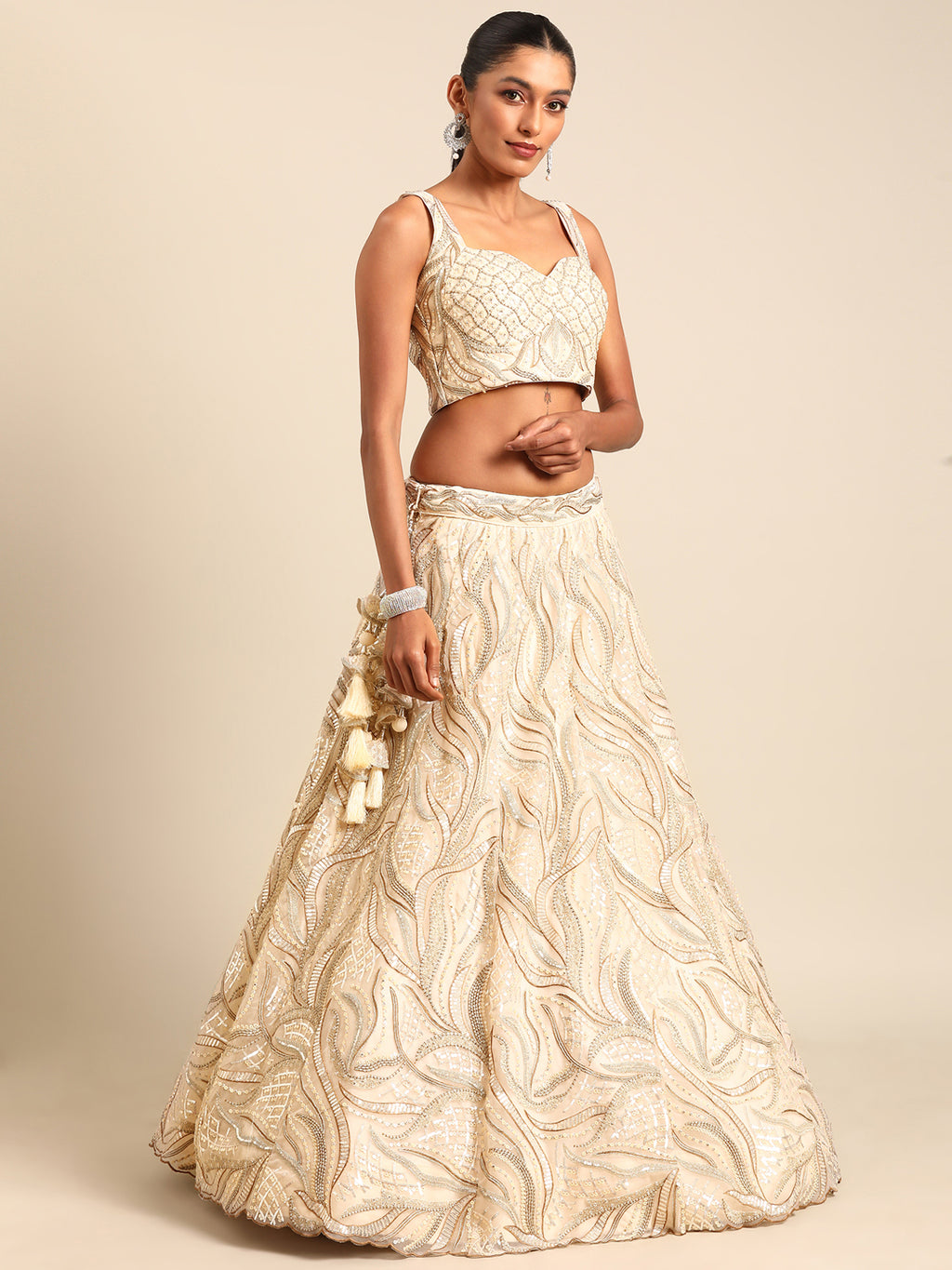 Captivating Cream Zari and Sequin Embroidered Lehenga Choli Set ClothsVilla