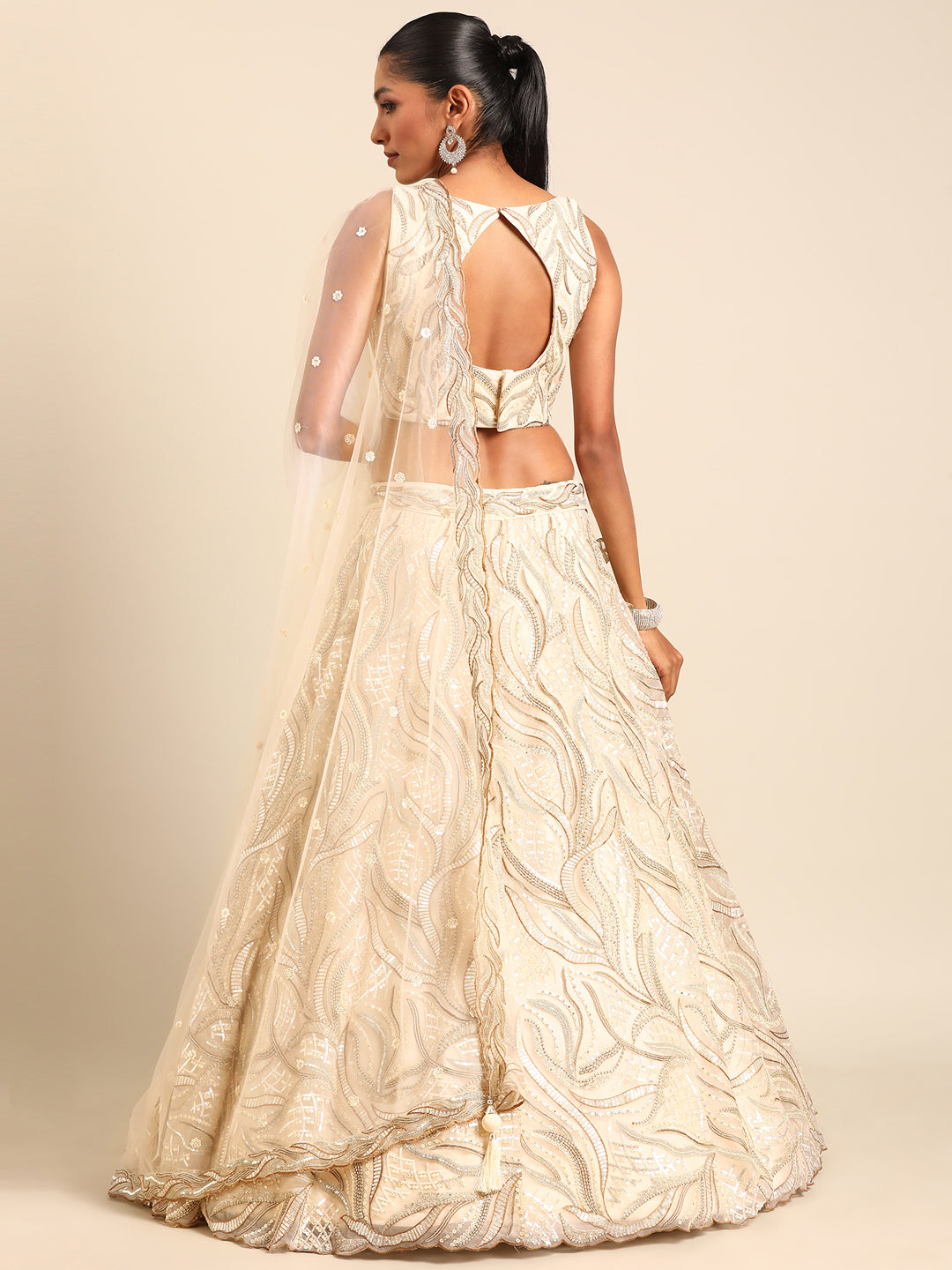 Captivating Cream Zari and Sequin Embroidered Lehenga Choli Set ClothsVilla