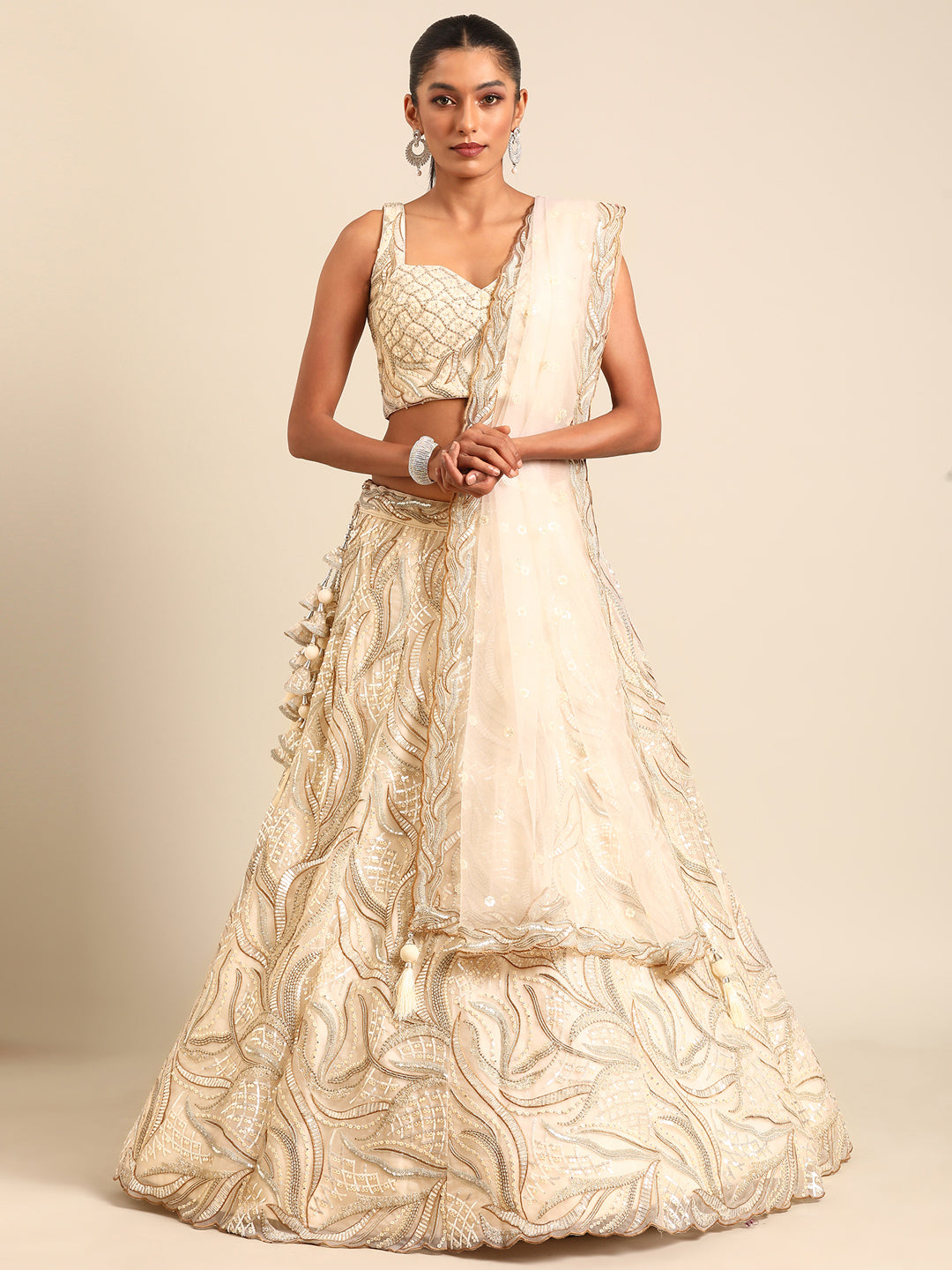 Captivating Cream Zari and Sequin Embroidered Lehenga Choli Set ClothsVilla
