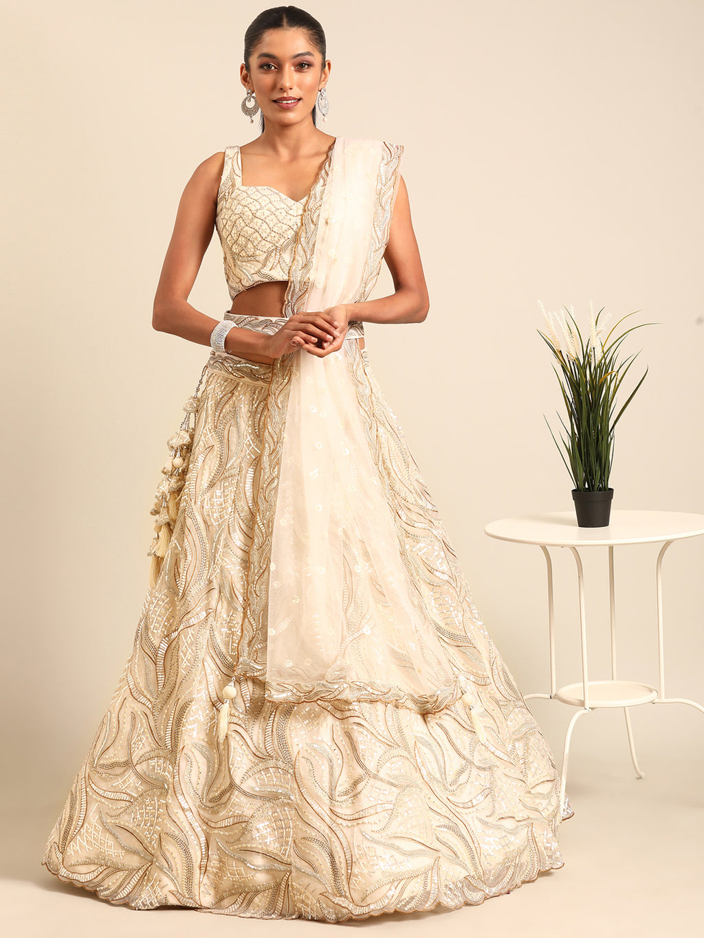 Captivating Cream Zari and Sequin Embroidered Lehenga Choli Set ClothsVilla