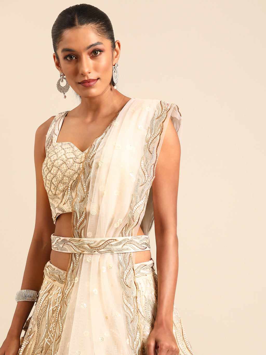Captivating Cream Zari and Sequin Embroidered Lehenga Choli Set ClothsVilla