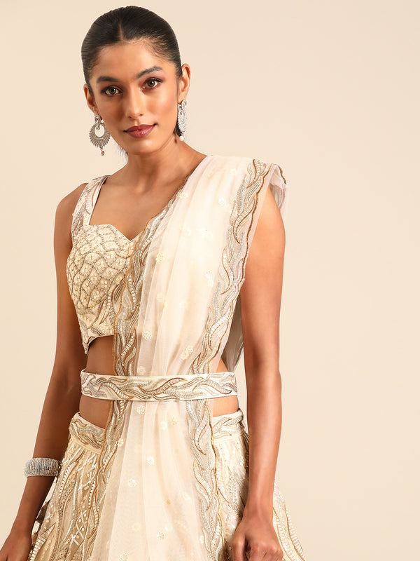 Captivating Cream Zari and Sequin Embroidered Lehenga Choli Set ClothsVilla