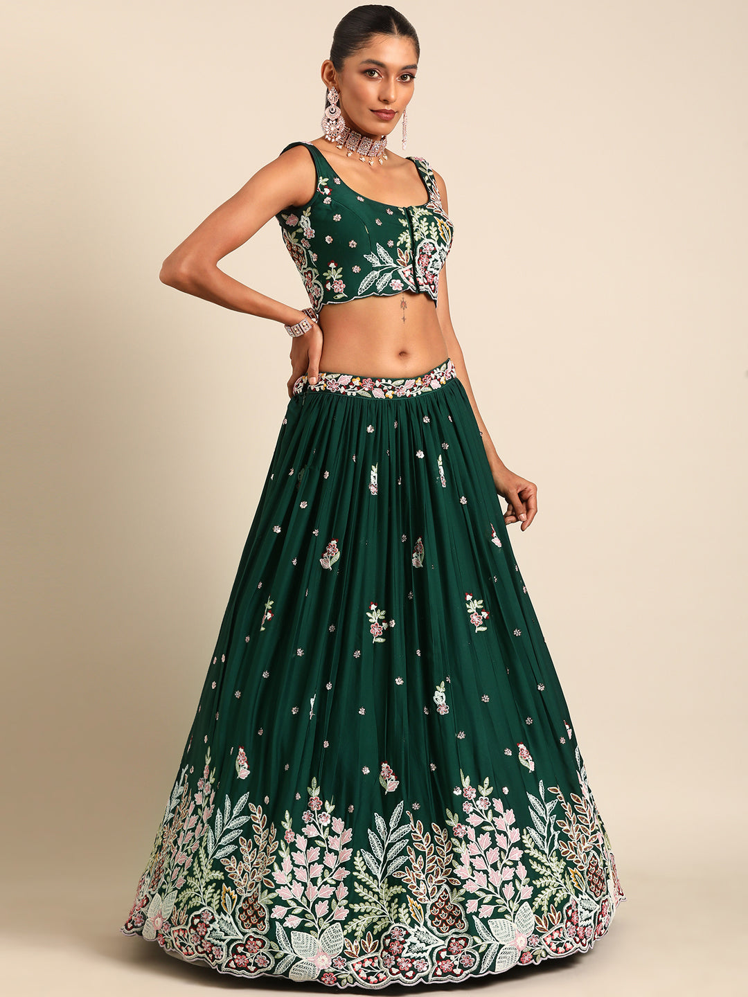 Captivating Green Sequinned Lehenga Choli Set - Mesmerize in Emerald Elegance ClothsVilla