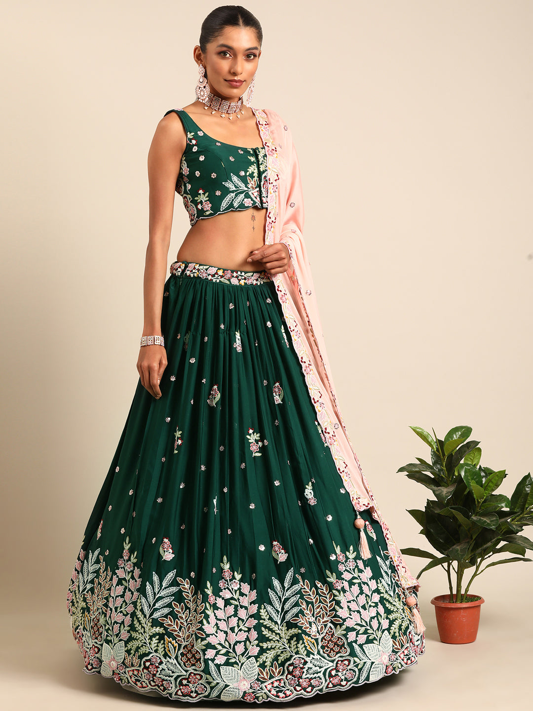 Captivating Green Sequinned Lehenga Choli Set - Mesmerize in Emerald Elegance ClothsVilla
