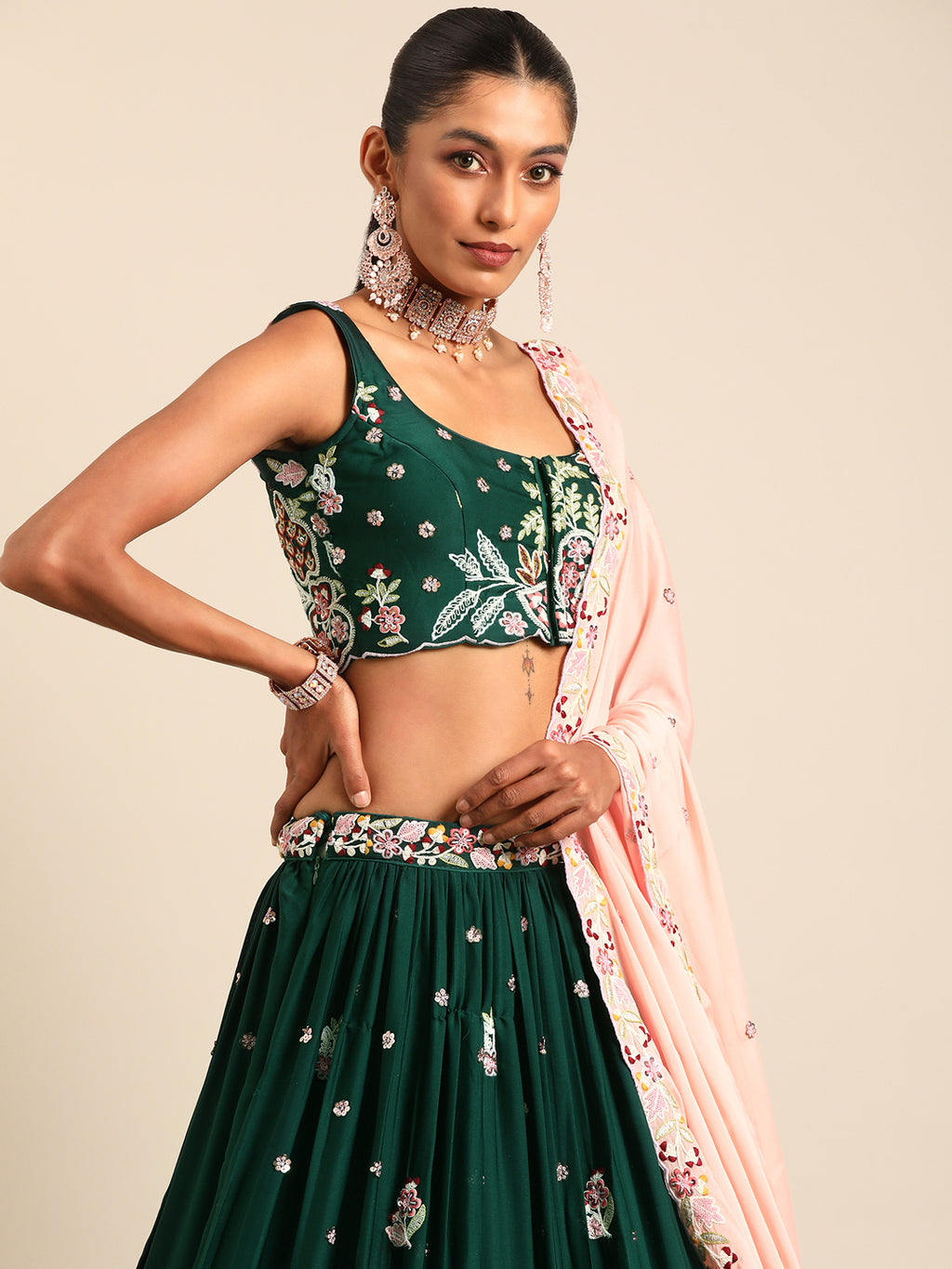 Captivating Green Sequinned Lehenga Choli Set - Mesmerize in Emerald Elegance ClothsVilla