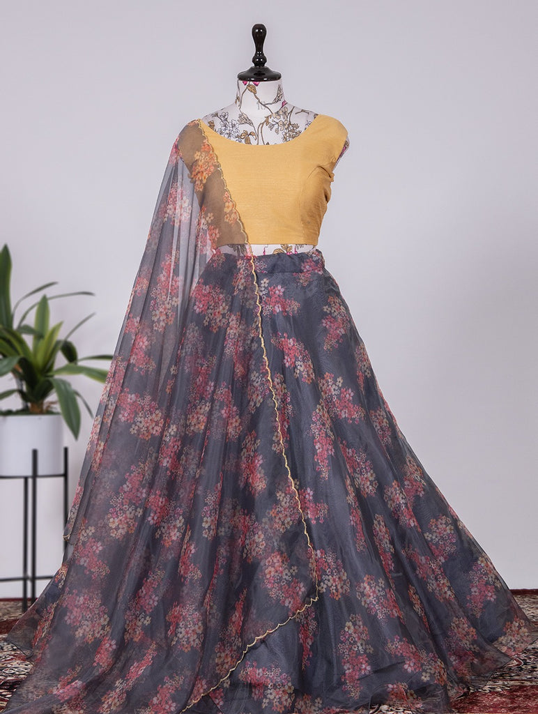 Captivating Grey Floral Lehenga Choli Set - Organza & Beglory Fabric ClothsVilla