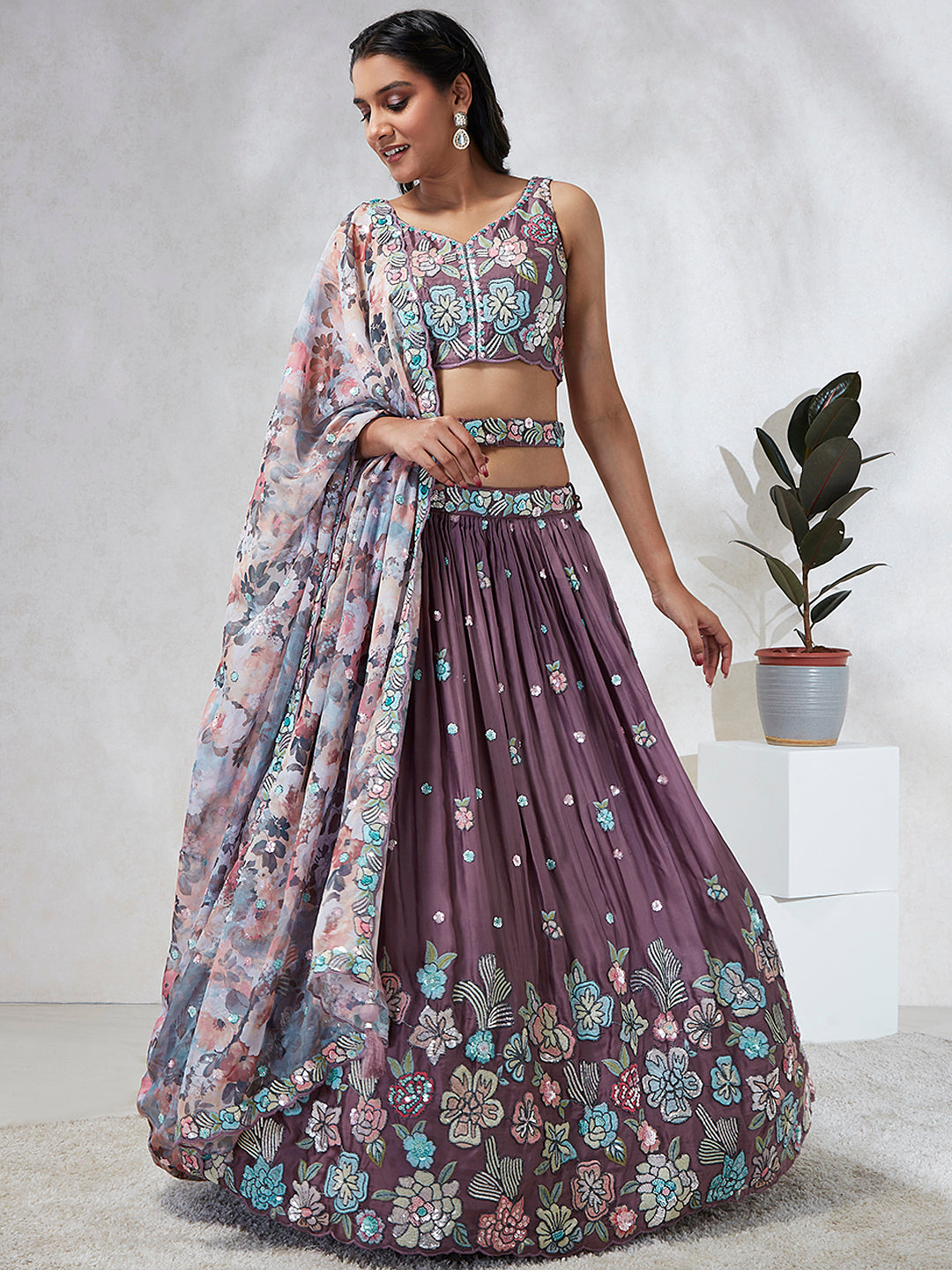 Captivating Lavender Sequinned Lehenga Choli Set with Thread Embroidery & Multicolor Dupatta ClothsVilla