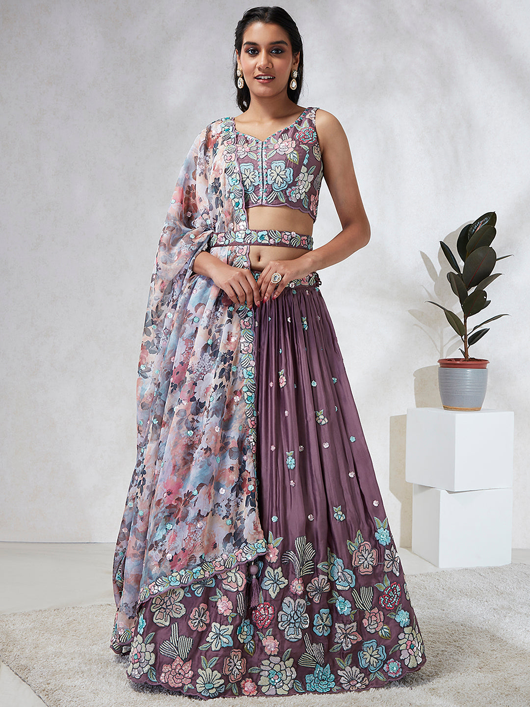 Captivating Lavender Sequinned Lehenga Choli Set with Thread Embroidery & Multicolor Dupatta ClothsVilla