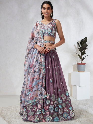 Captivating Lavender Sequinned Lehenga Choli Set with Thread Embroidery & Multicolor Dupatta ClothsVilla