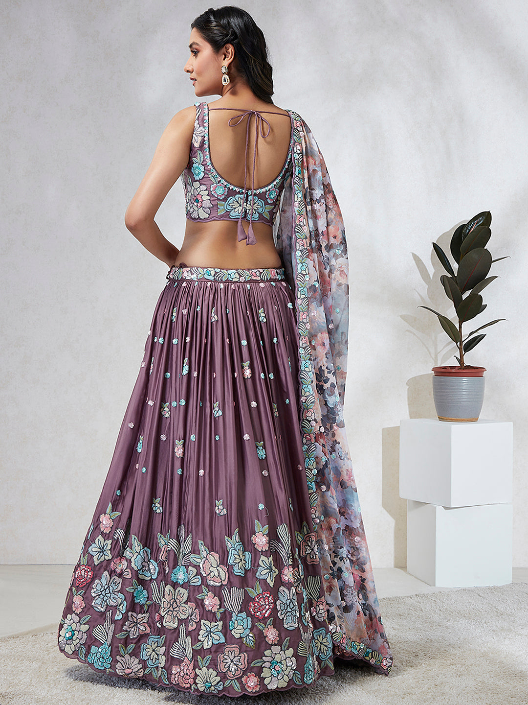 Captivating Lavender Sequinned Lehenga Choli Set with Thread Embroidery & Multicolor Dupatta ClothsVilla