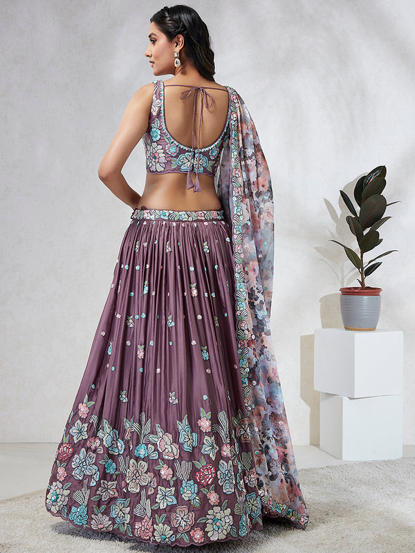 Captivating Lavender Sequinned Lehenga Choli Set with Thread Embroidery & Multicolor Dupatta ClothsVilla
