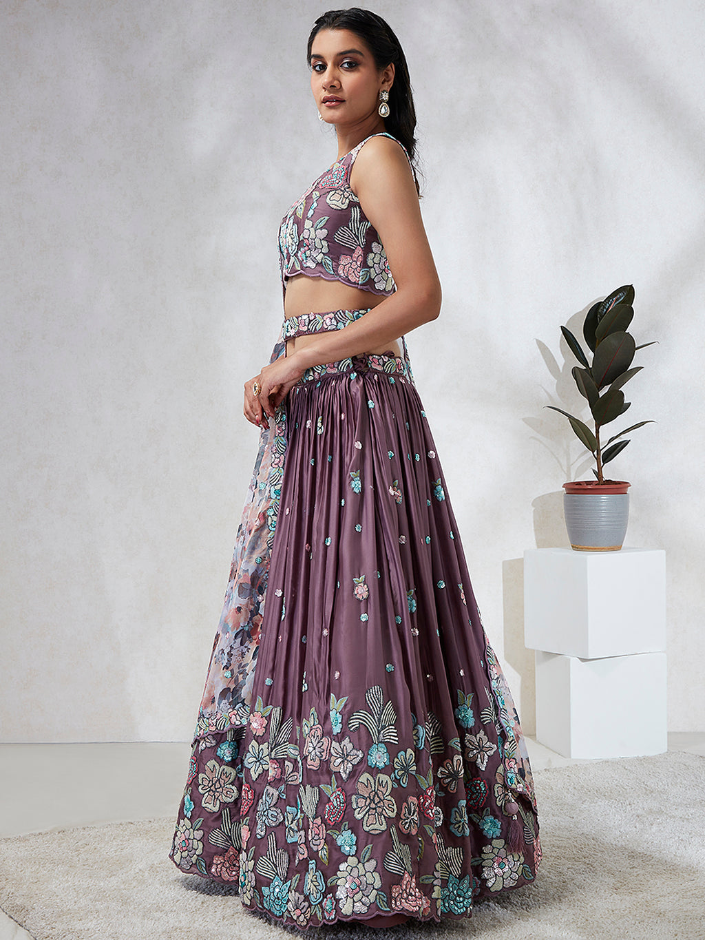 Captivating Lavender Sequinned Lehenga Choli Set with Thread Embroidery & Multicolor Dupatta ClothsVilla