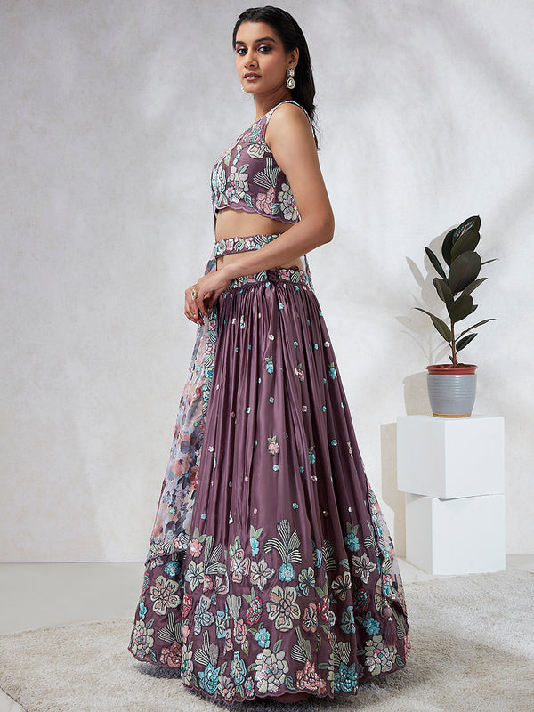 Captivating Lavender Sequinned Lehenga Choli Set with Thread Embroidery & Multicolor Dupatta ClothsVilla
