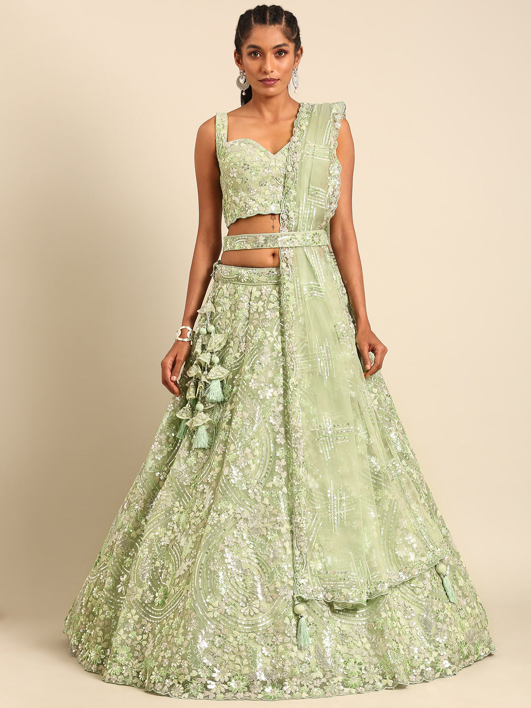 Captivating Lime Green Net Lehenga with Zari & Sequin Embroidery ClothsVilla Main image