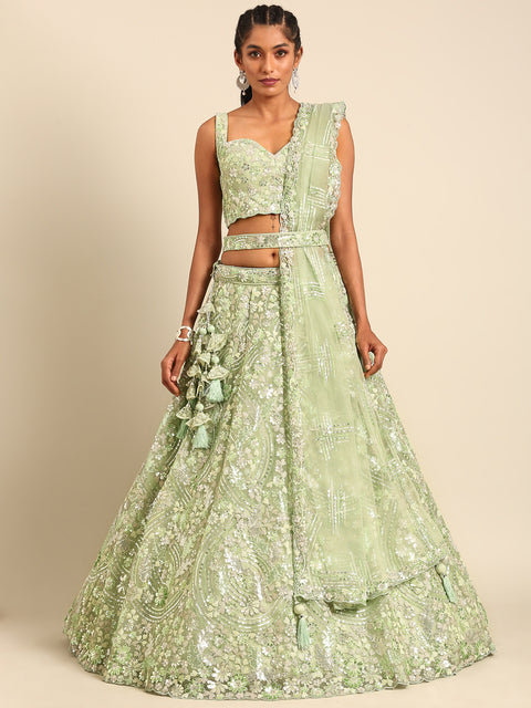 Captivating Lime Green Net Lehenga with Zari & Sequin Embroidery ClothsVilla Main image