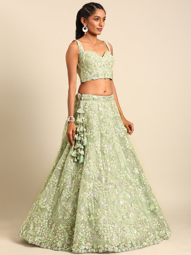 Captivating Lime Green Net Lehenga with Zari & Sequin Embroidery ClothsVilla