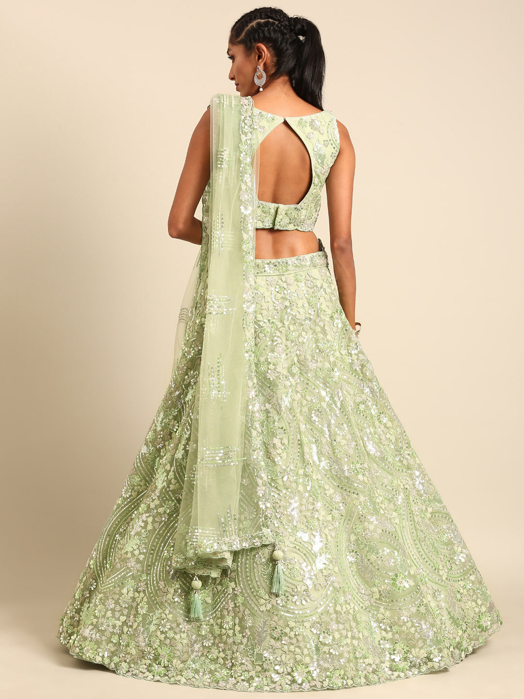 Captivating Lime Green Net Lehenga with Zari & Sequin Embroidery ClothsVilla