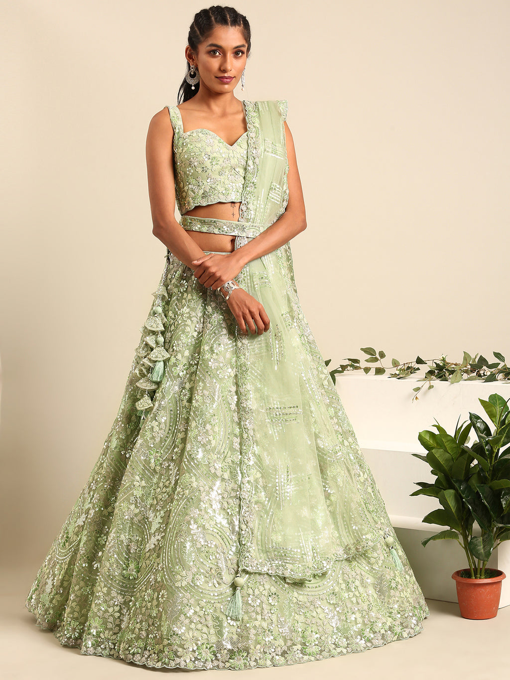 Captivating Lime Green Net Lehenga with Zari & Sequin Embroidery ClothsVilla