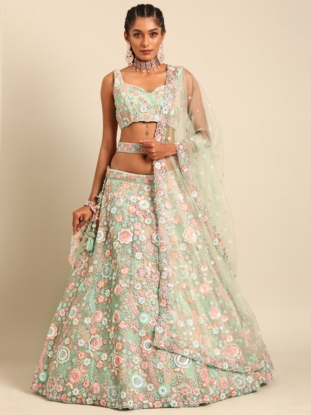 Captivating Lime Green Sequin Lehenga Choli Dupatta Set - Mesmerize with Mirrorwork and Thread Embroidery ClothsVilla Main image