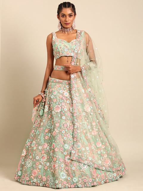 Captivating Lime Green Sequin Lehenga Choli Dupatta Set - Mesmerize with Mirrorwork and Thread Embroidery ClothsVilla Main image