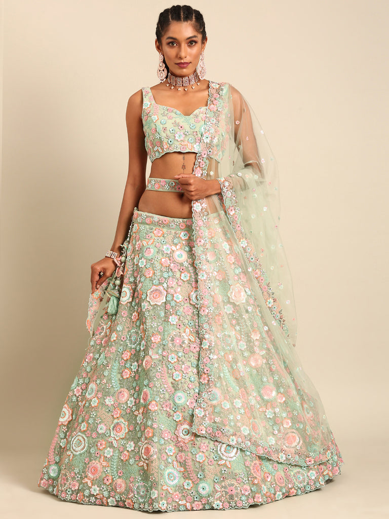 Captivating Lime Green Sequin Lehenga Choli Dupatta Set - Mesmerize with Mirrorwork and Thread Embroidery ClothsVilla