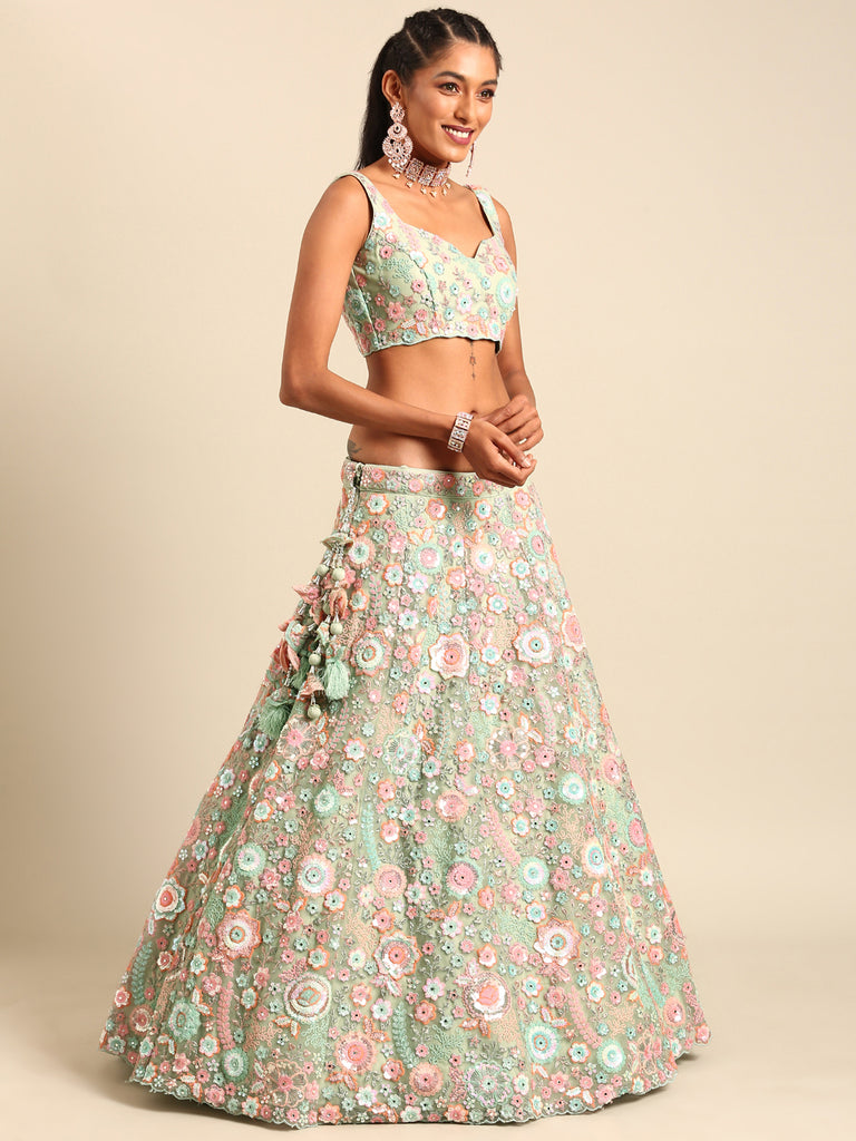 Captivating Lime Green Sequin Lehenga Choli Dupatta Set - Mesmerize with Mirrorwork and Thread Embroidery ClothsVilla