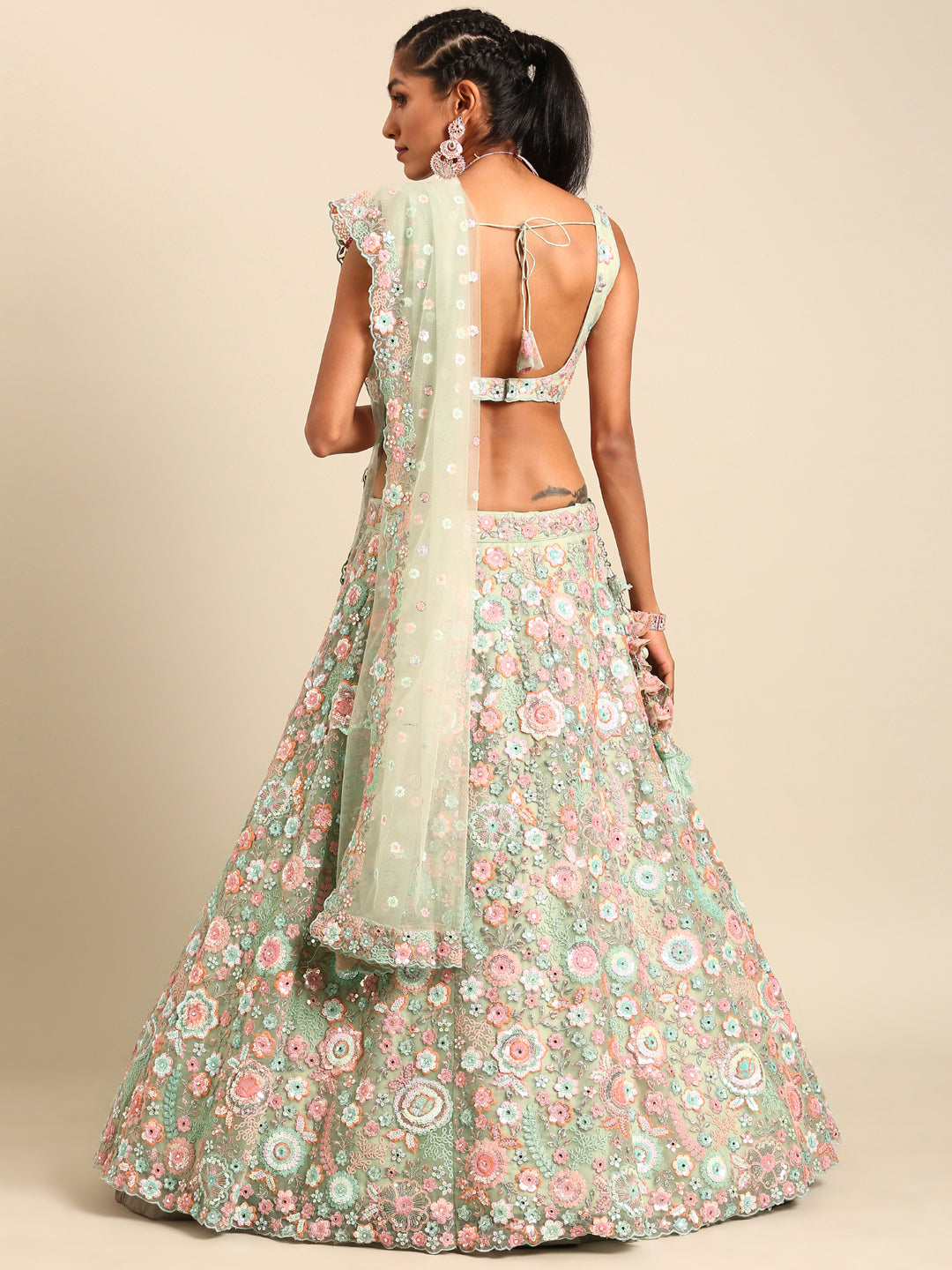 Captivating Lime Green Sequin Lehenga Choli Dupatta Set - Mesmerize with Mirrorwork and Thread Embroidery ClothsVilla