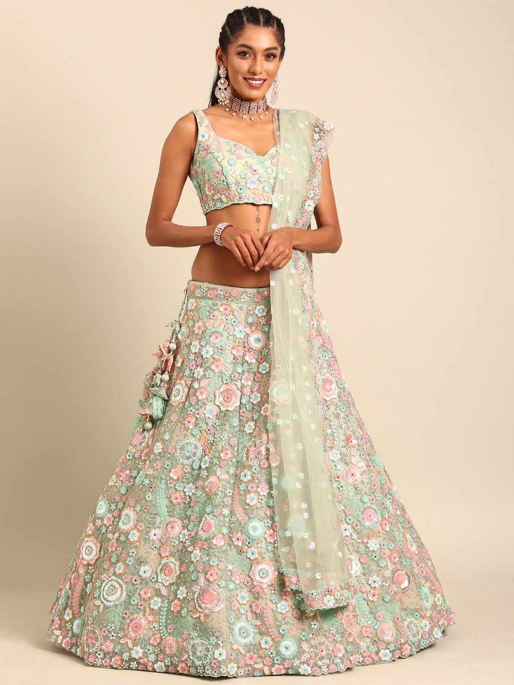 Captivating Lime Green Sequin Lehenga Choli Dupatta Set - Mesmerize with Mirrorwork and Thread Embroidery ClothsVilla