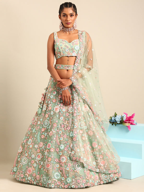 Captivating Lime Green Sequin Lehenga Choli Dupatta Set - Mesmerize with Mirrorwork and Thread Embroidery ClothsVilla