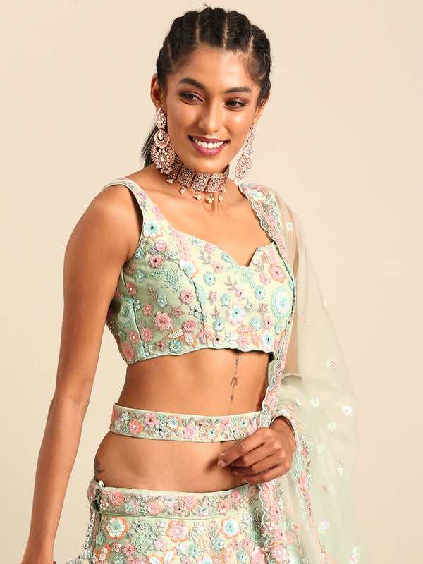 Captivating Lime Green Sequin Lehenga Choli Dupatta Set - Mesmerize with Mirrorwork and Thread Embroidery ClothsVilla