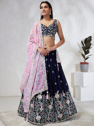 Captivating Navy Blue Sequinned Lehenga Choli Set with Mirror Work & Embroidery ClothsVilla