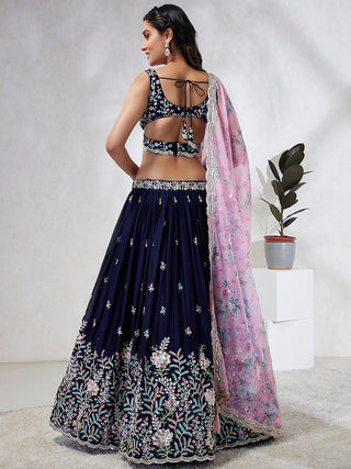 Captivating Navy Blue Sequinned Lehenga Choli Set with Mirror Work & Embroidery ClothsVilla