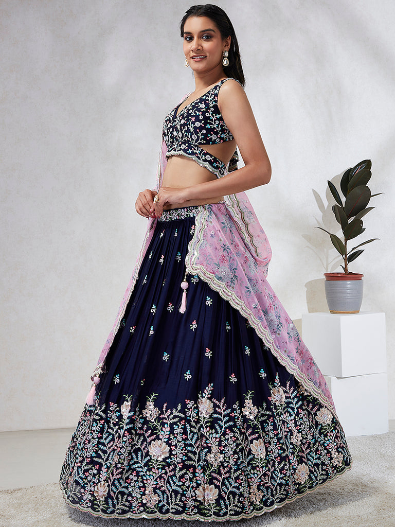 Captivating Navy Blue Sequinned Lehenga Choli Set with Mirror Work & Embroidery ClothsVilla