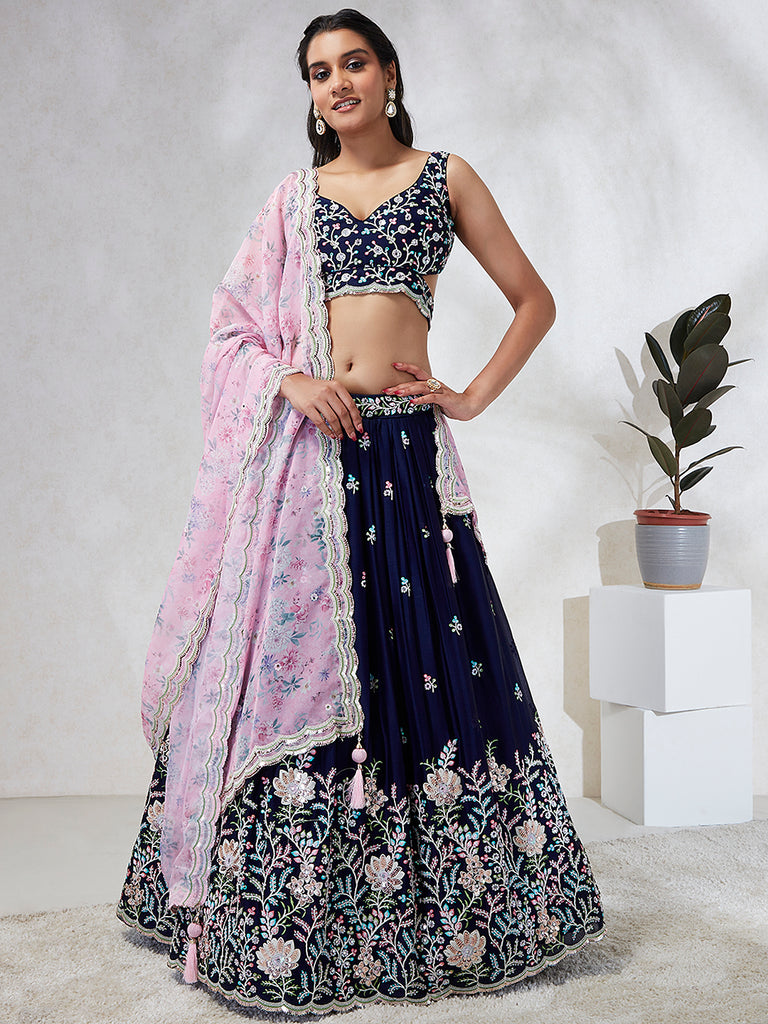 Captivating Navy Blue Sequinned Lehenga Choli Set with Mirror Work & Embroidery ClothsVilla