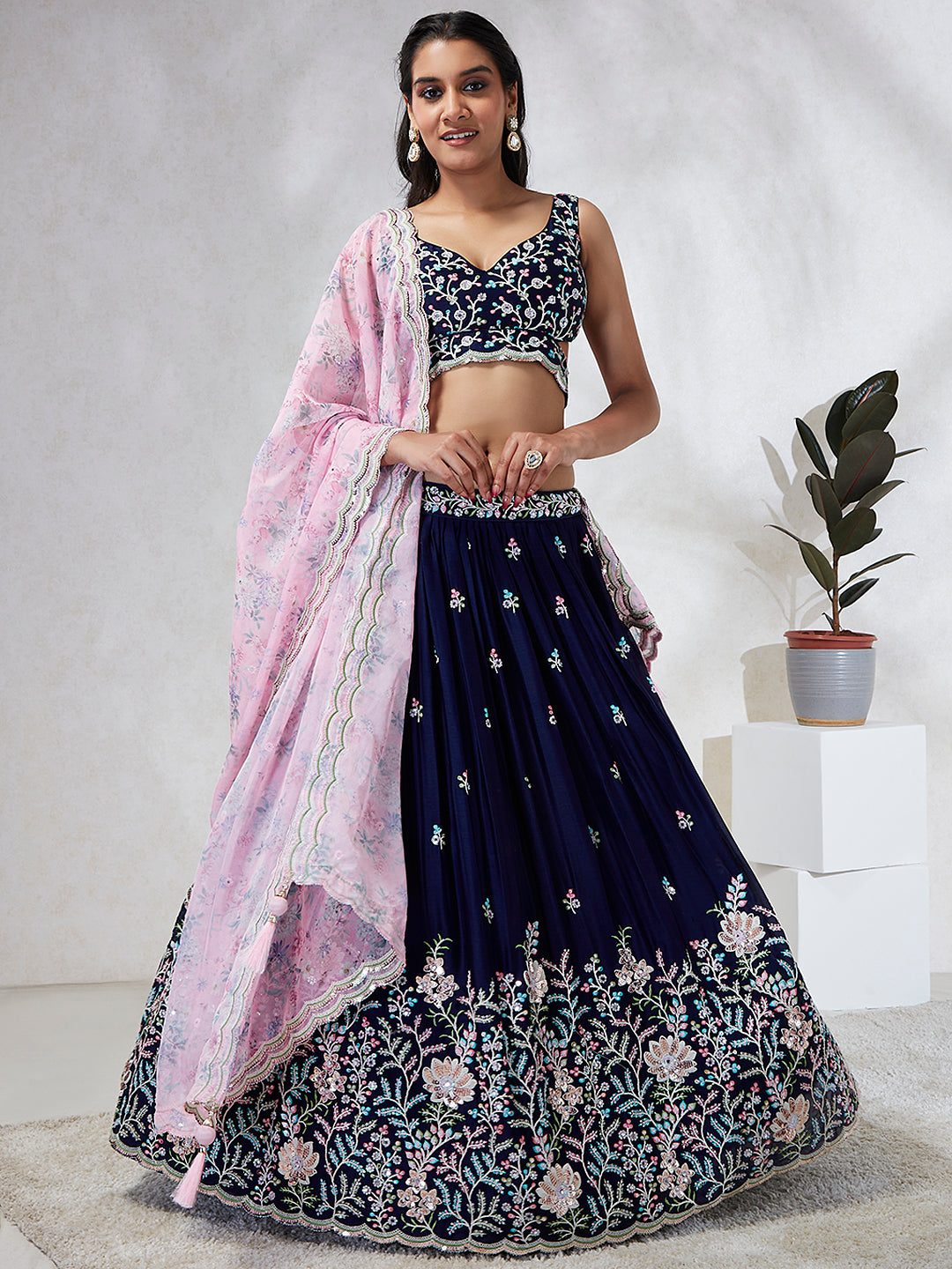 Captivating Navy Blue Sequinned Lehenga Choli Set with Mirror Work & Embroidery ClothsVilla