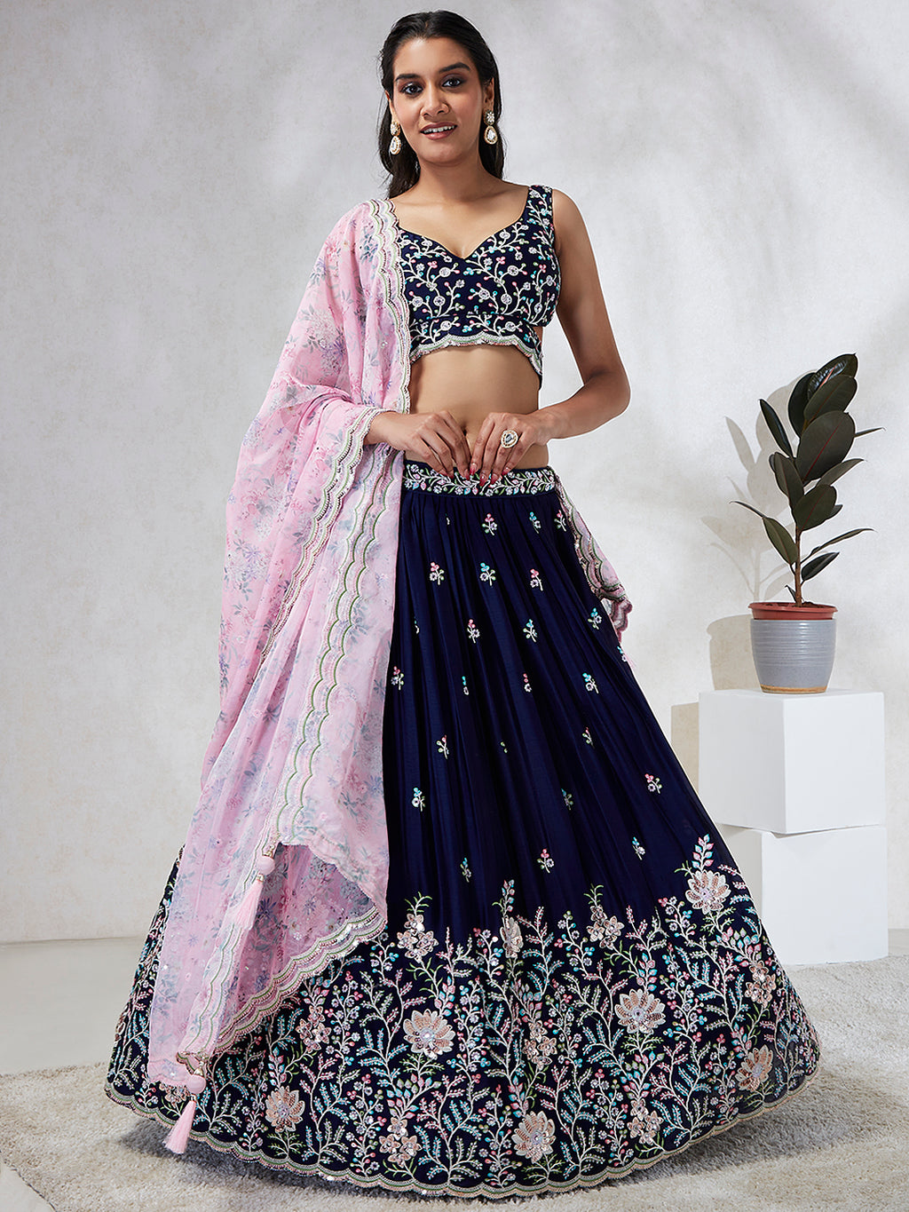 Captivating Navy Blue Sequinned Lehenga Choli Set with Mirror Work & Embroidery ClothsVilla