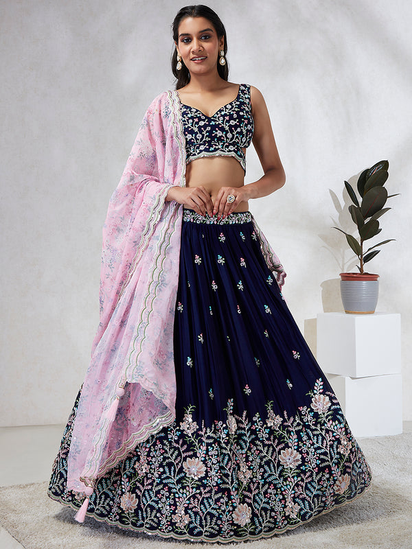 Captivating Navy Blue Sequinned Lehenga Choli Set with Mirror Work & Embroidery ClothsVilla
