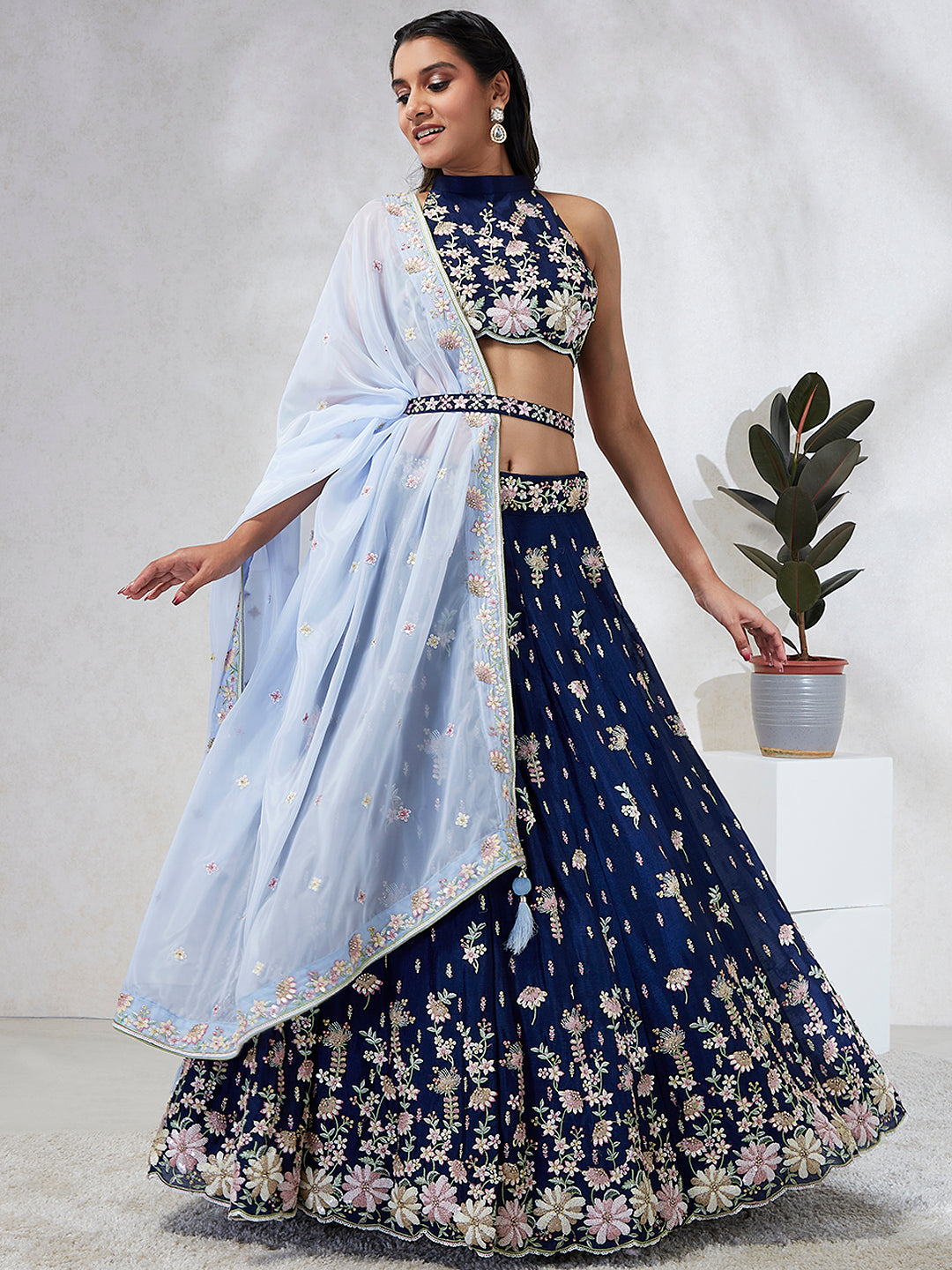 Captivating Navy Blue Sequinned Lehenga Choli Set with Thread Embroidery & Organza Dupatta ClothsVilla